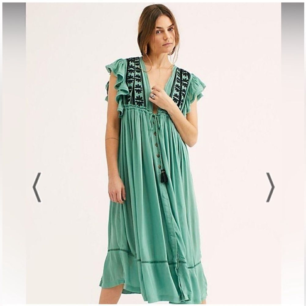 Free People Green Bali Will Wait For You Boho‎ Style Dress Oversized Fit
